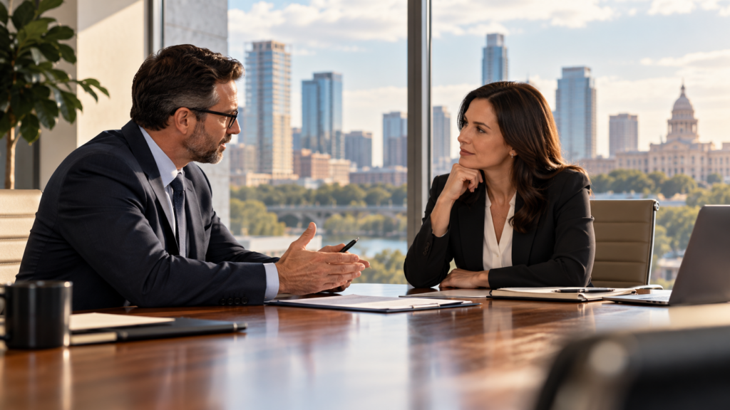 A woman and a man, both dressed in business suits, have a conversation at a table with a window behind them overlooking a big city.