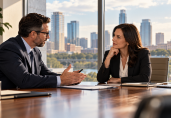 A woman and a man, both dressed in business suits, have a conversation at a table with a window behind them overlooking a big city.